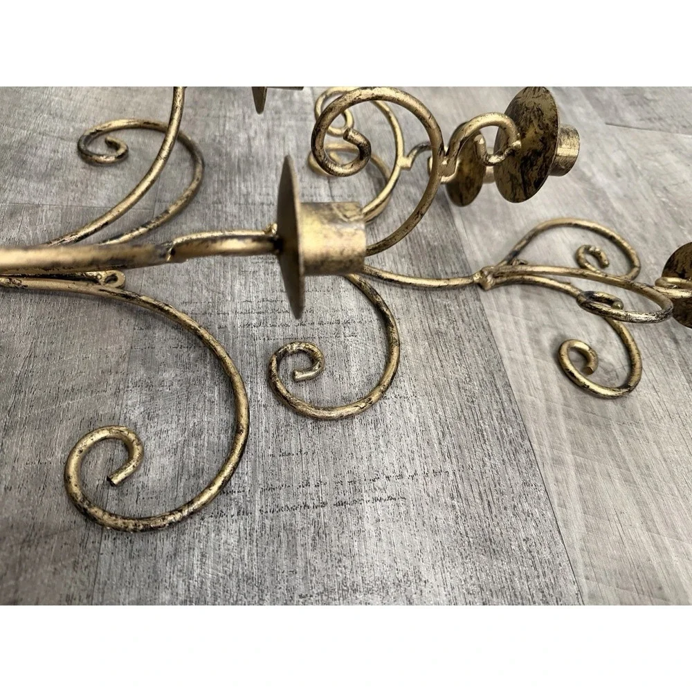 Vtg MCM Wall Candle Sconce Hollywood Regency Gold Tone Metal Scrolls Leaves (2)
